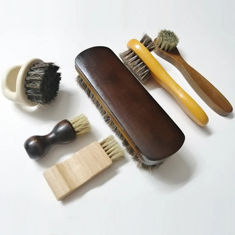6 Pcs Set Horse Hair Pig Bristle Shoe Brush , Oil Polish Tool, Scrub Suede Fur, Clear Leather Shoes Ash