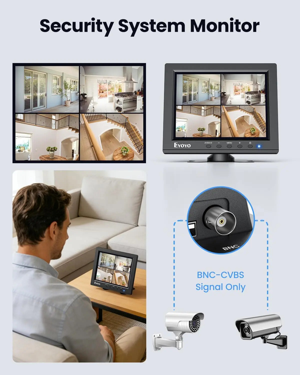 Eyoyo 8 Inches Security Camera Monitor, 1024×768 4:3 Mini LCD Screen CCTV Monitors Display with HDMI VGA BNC AV USB Port, Small Video Monitor for PC, NVR, Raspbery Pi, RV & Kitchen, Built-in Speakers