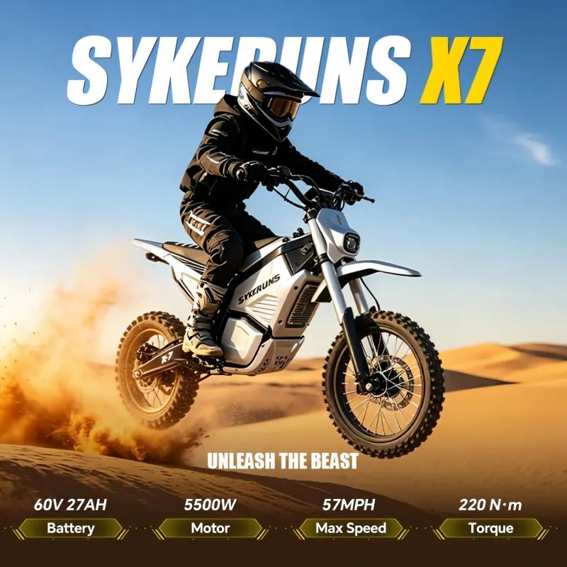 SYKERUNS X7 60V 5500W Electric Dirt Bike 27Ah Battery 70KM/H Off Road Electric Motorcycle 17/14" Hydraulic Disc Brakes