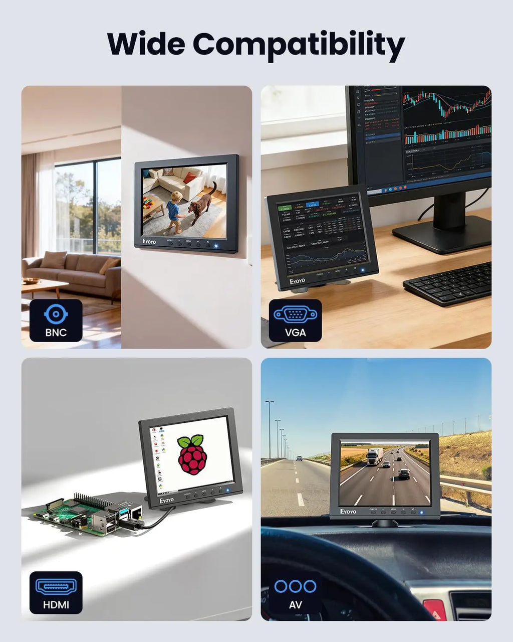 Eyoyo 8 Inches Security Camera Monitor, 1024×768 4:3 Mini LCD Screen CCTV Monitors Display with HDMI VGA BNC AV USB Port, Small Video Monitor for PC, NVR, Raspbery Pi, RV & Kitchen, Built-in Speakers