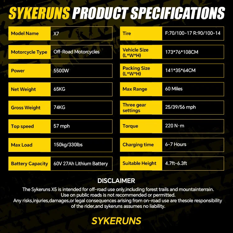 SYKERUNS X7 60V 5500W Electric Dirt Bike 27Ah Battery 70KM/H Off Road Electric Motorcycle 17/14" Hydraulic Disc Brakes